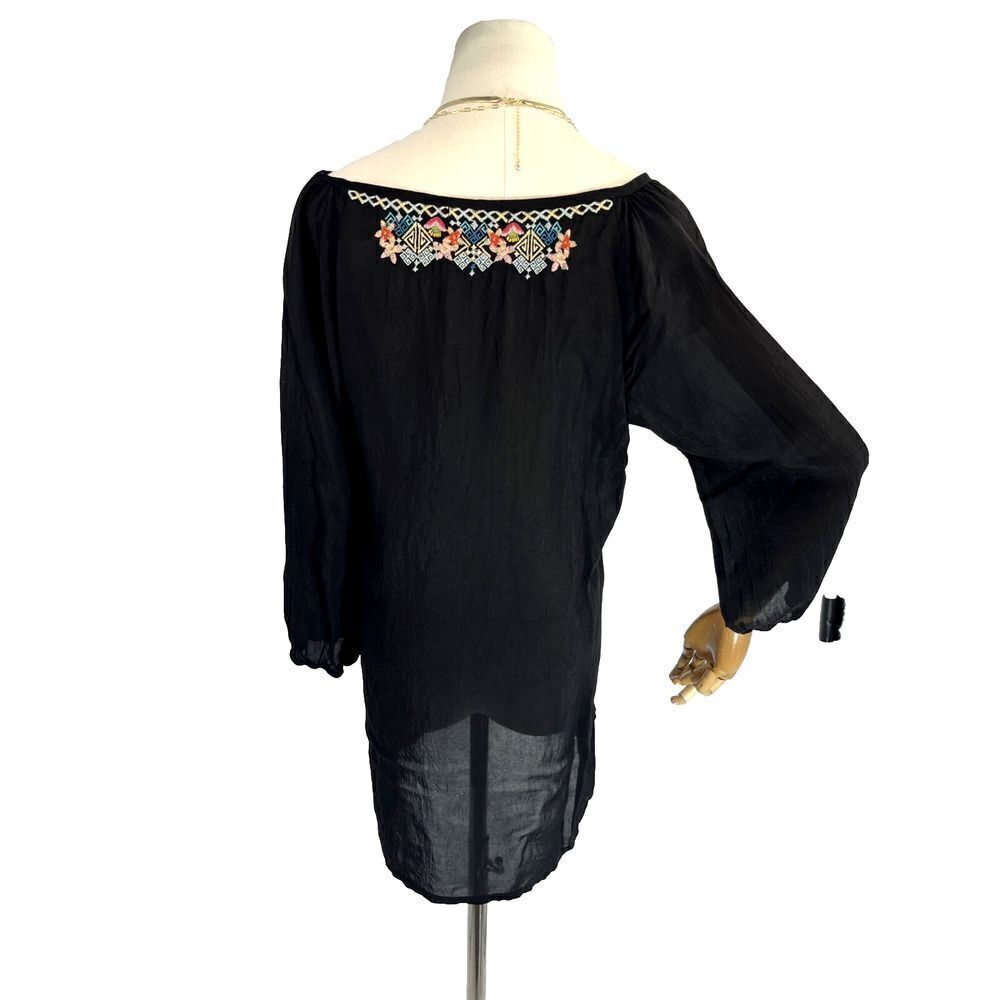 Johnny Was Black Floral Embroidered Tunic Top Small Crinkled Cupra Rayon Boho - Picture 6 of 16